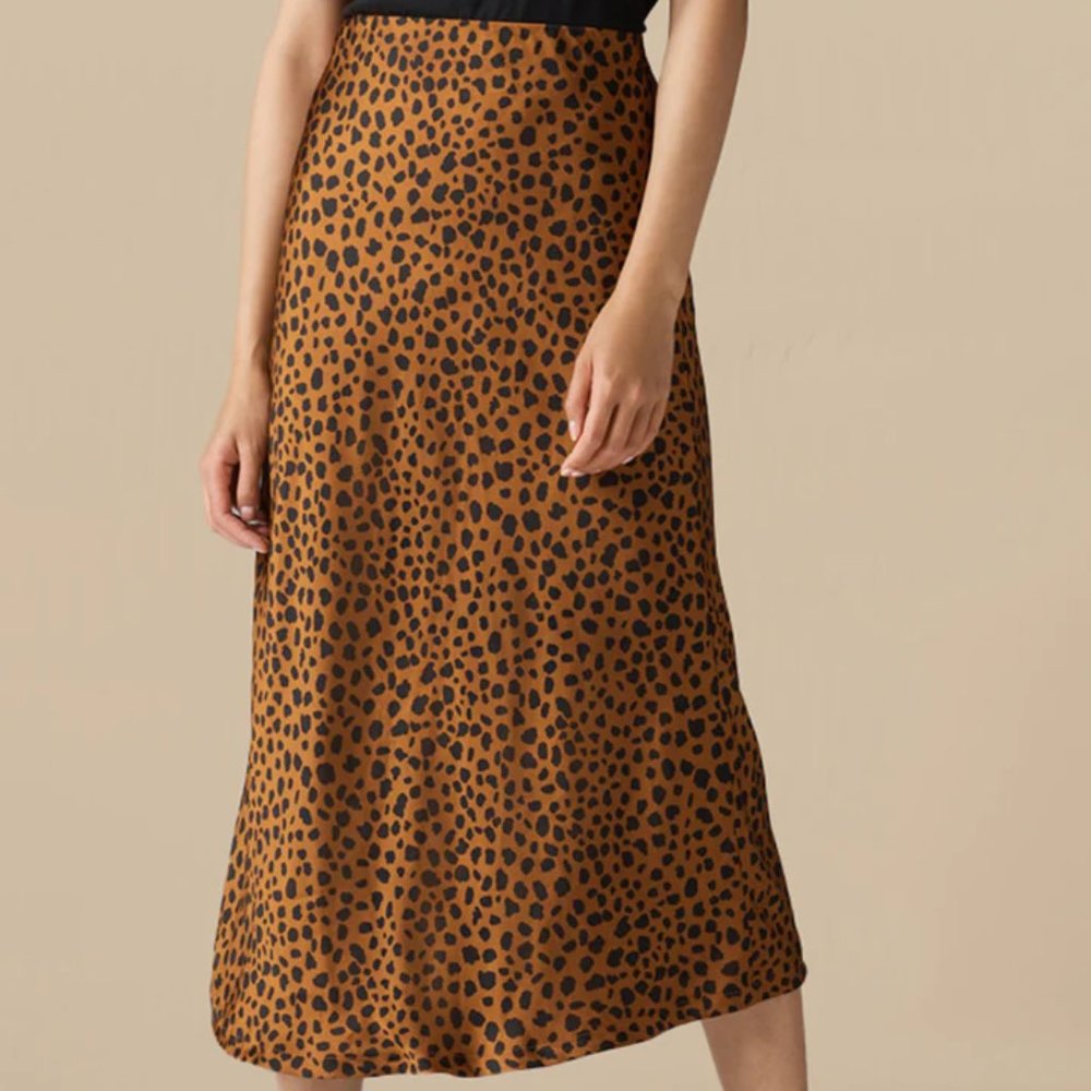 The Reversible Satin Midi Skirt in Gold/Cheetah